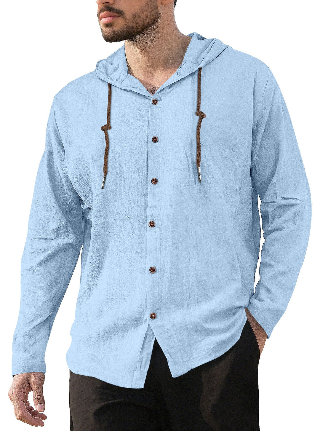 Men's Textured Linen Blend Hooded Shirt with Button Placket, Wood Buttons, and Side Slits
