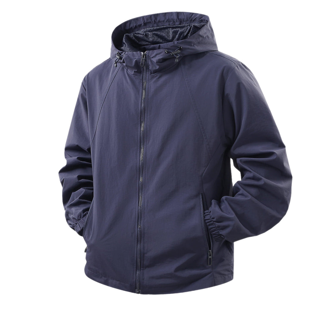 Men's Lightweight Breathable Hooded Windbreaker with Mesh Lining and Zipper Pockets