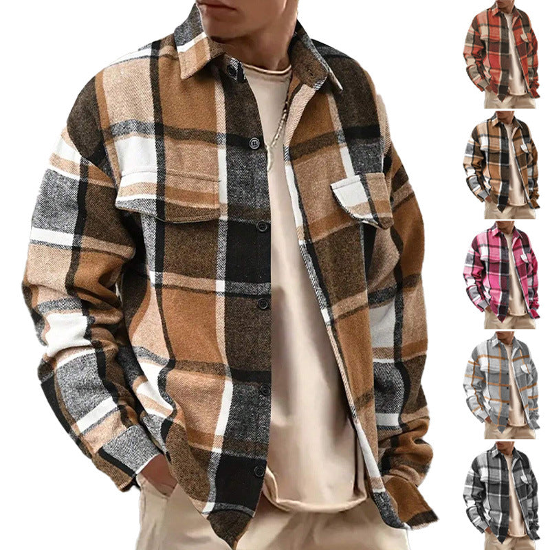 Men's Oversized Check Shirt Jacket made of Soft Flannel with Patch Chest Pockets