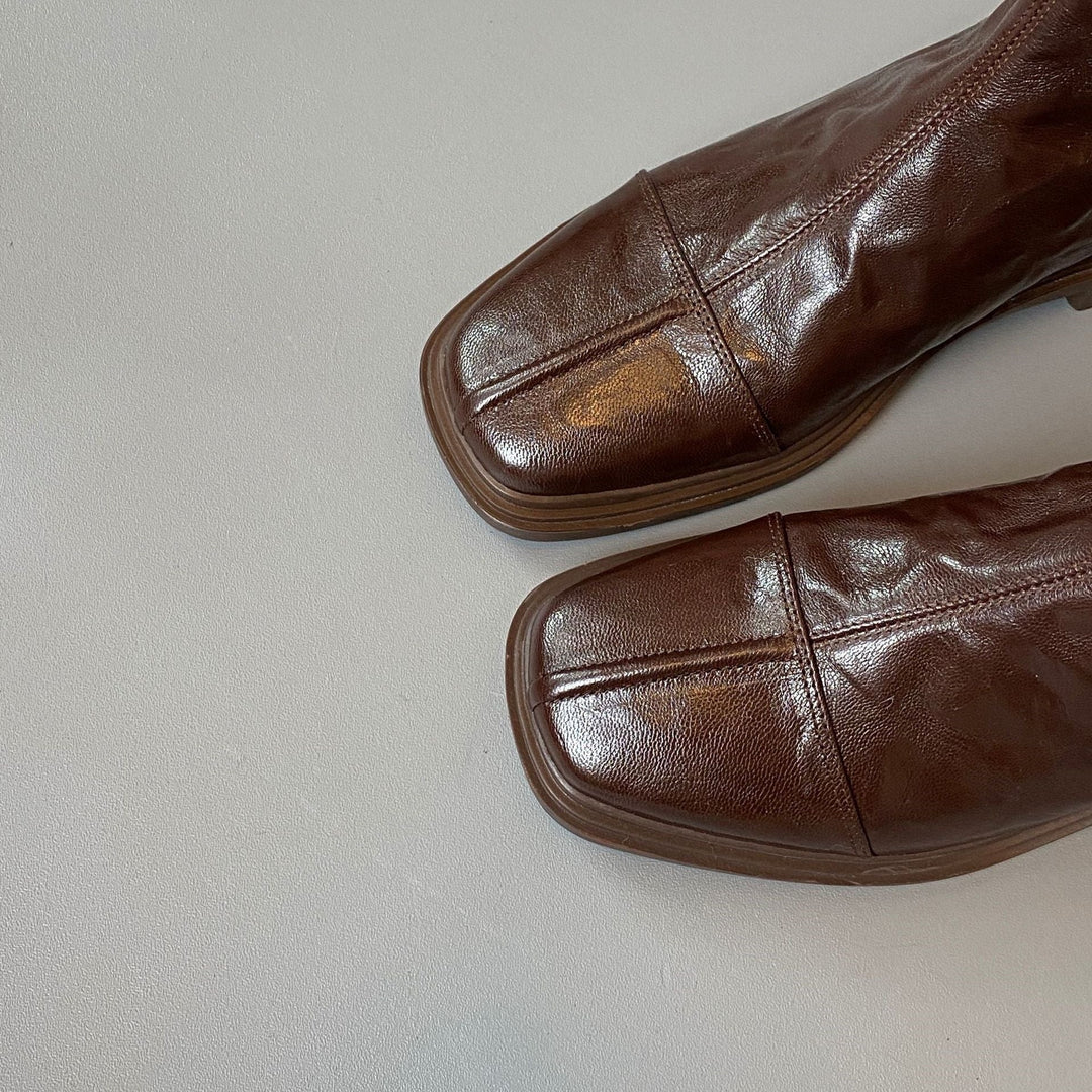 Women's Leather Boots with Square Toe and Patterned Rubber Sole