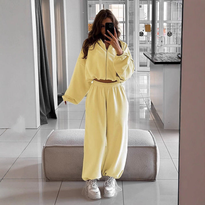 Women Oversized Hoodie Jacket with Full Zip and High Waist Elastic Waistband Jogging Pants Set