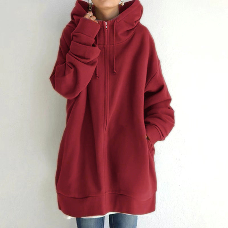 Women's Oversized Hooded Long Pullover with Zipper and Side Pockets