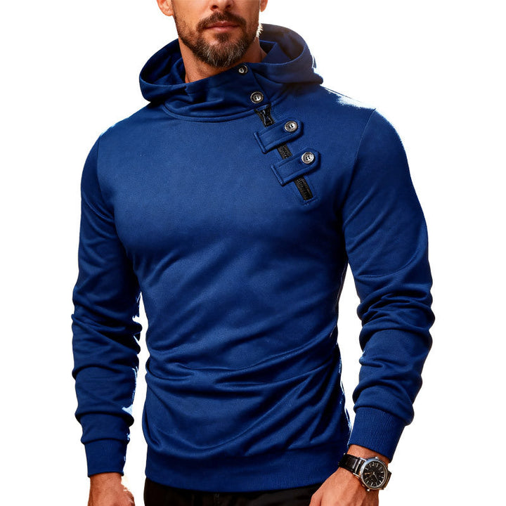 Men's Fitted Hoodie with High Collar, Decorative Tabs and Concealed Diagonal Zipper