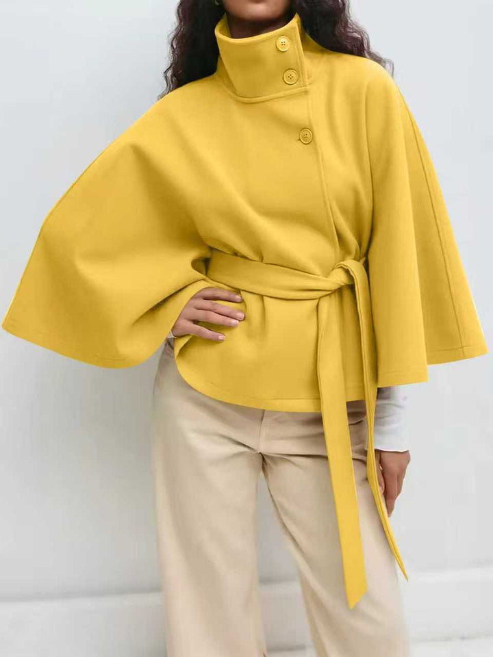 Women's Widely Cut Cape Coat with High Stand-up Collar, Button Placket, and Tie Belt