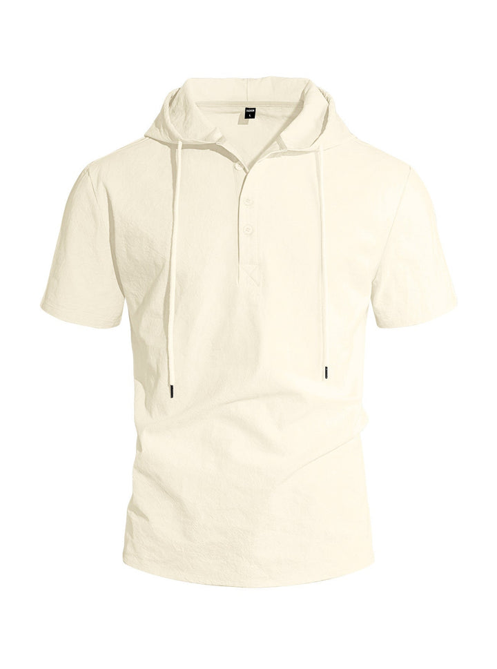 Men's Short-sleeved Hooded Henley made of Slub Cotton with Concealed Button Placket and Drawstring
