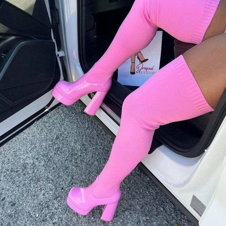 Women's Over-the-knee Boots with Platform Sole and Elastic Shaft Construction