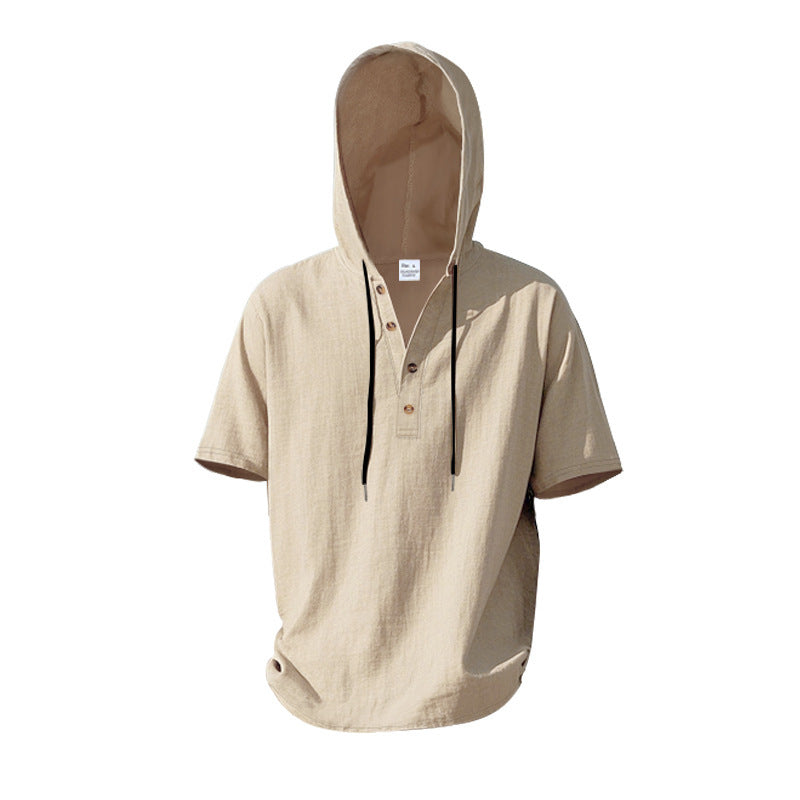 Men's Short Sleeve Hoodie Henley in Linen Look with Button Placket