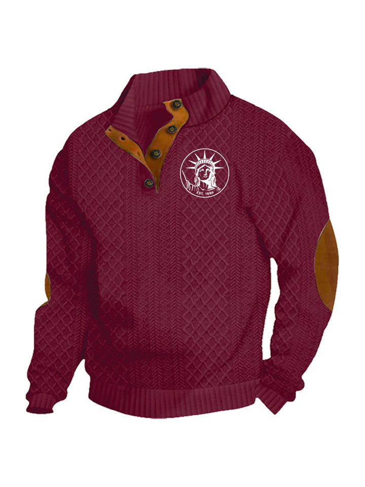 Men's Heritage Textured Pullover with Stand-up Collar Faux Leather Trim Elbow Patches and Half-button Placket