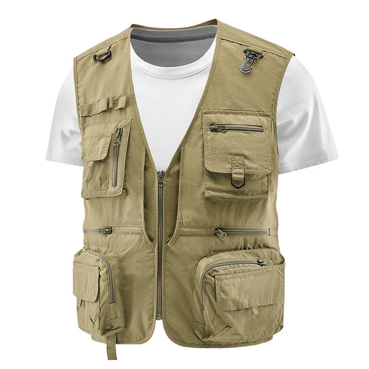 Men's Multifunctional Outdoor Utility Vest with Numerous Zip Pockets, D-ring and Carabiner
