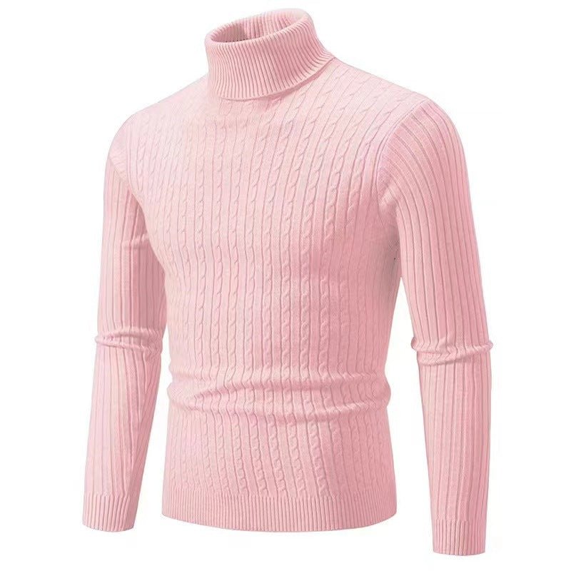 Men's Ribbed Turtleneck Sweater with Cable Knit Pattern and Form-fitting Slim-fit Silhouette