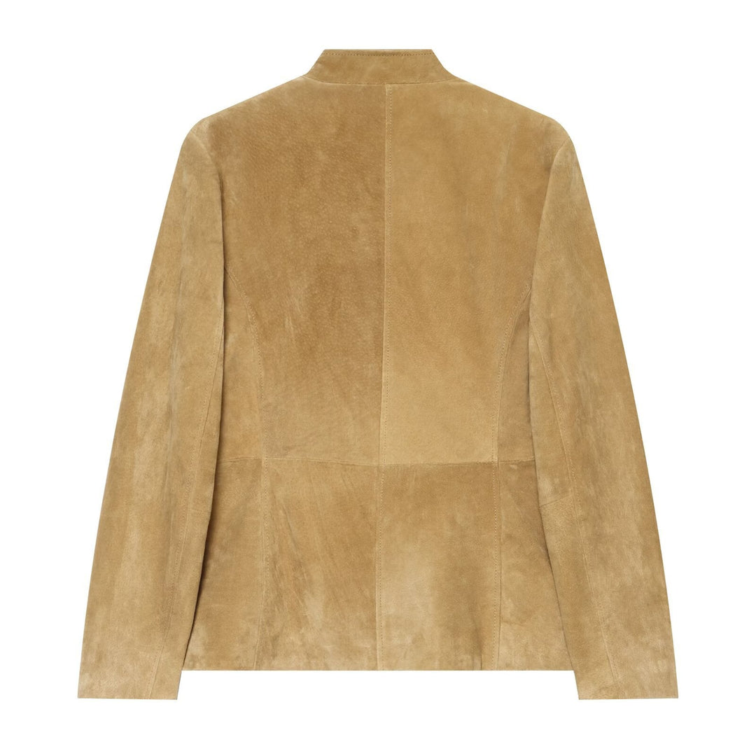 Women's Short Jacket made of Suede Leather with Stand-up Collar and Flap Pockets