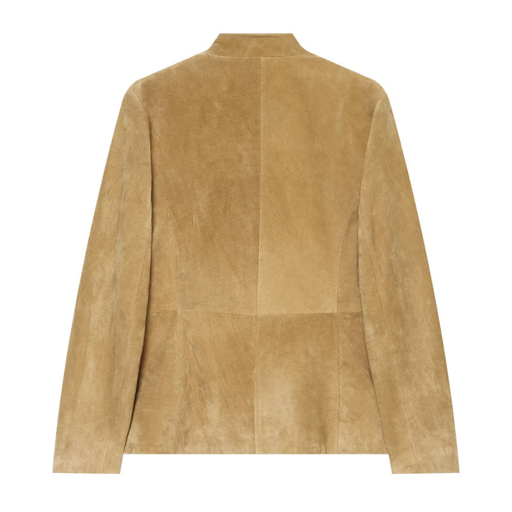 Women's Short Jacket made of Suede Leather with Stand-up Collar and Flap Pockets
