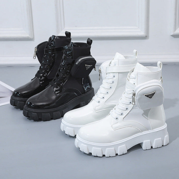 Women's Lace-up Mid-calf Boot in Utility Style with Detachable Mini Pouch and Platform Profile Sole