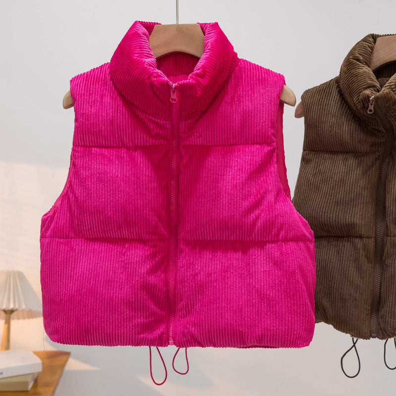 Women's Padded Cord Quilted Vest with Stand-up Collar and Drawstring