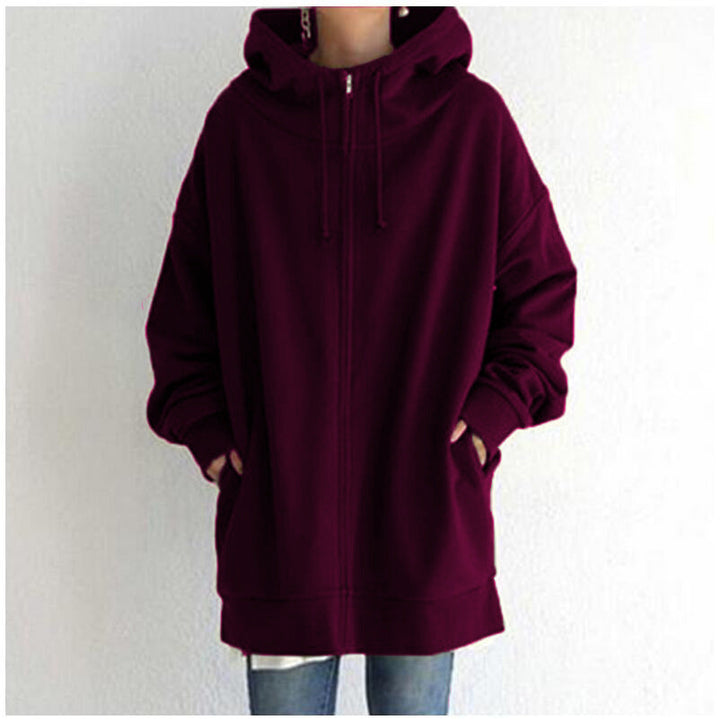 Women's Oversized Hooded Long Pullover with Zipper and Side Pockets