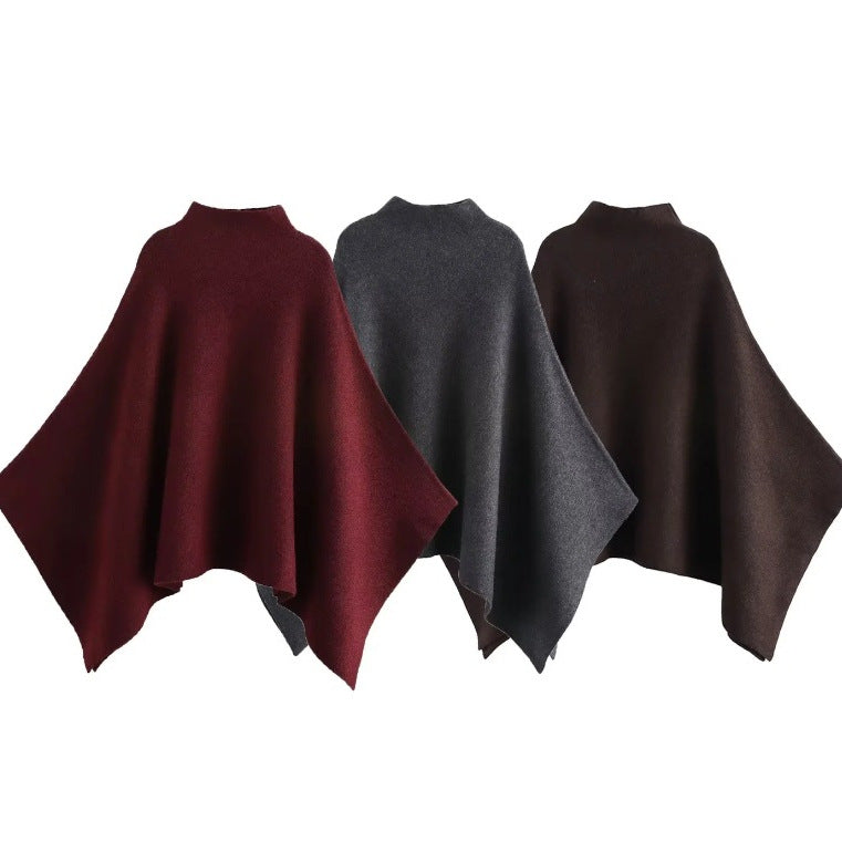 Women's Fine Oversize Poncho with Stand Collar and Asymmetric Hem
