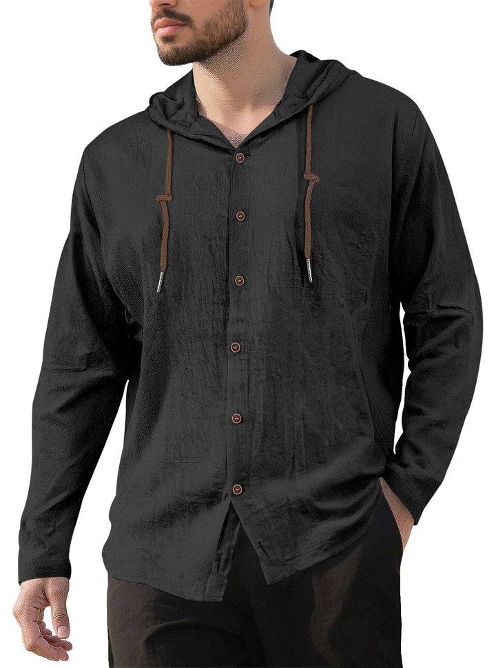 Men's Textured Linen Blend Hooded Shirt with Button Placket, Wood Buttons, and Side Slits