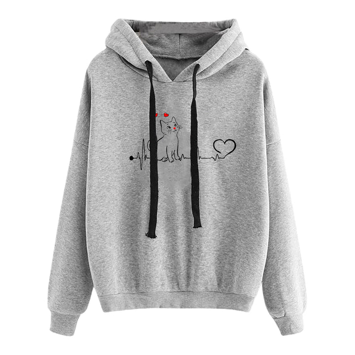Women Light Oversized Hoodie with Heart EKG Motif, Long Cords and Elastic Cuff