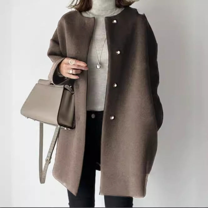Women Oversized Wool Blend Coat with Pearl Buttons and Straight Cut