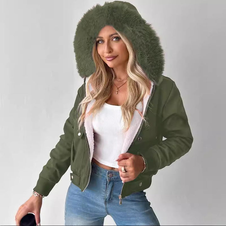Women's Short Blouson Winter Jacket with Teddy Lining and Removable Faux Fur Hood