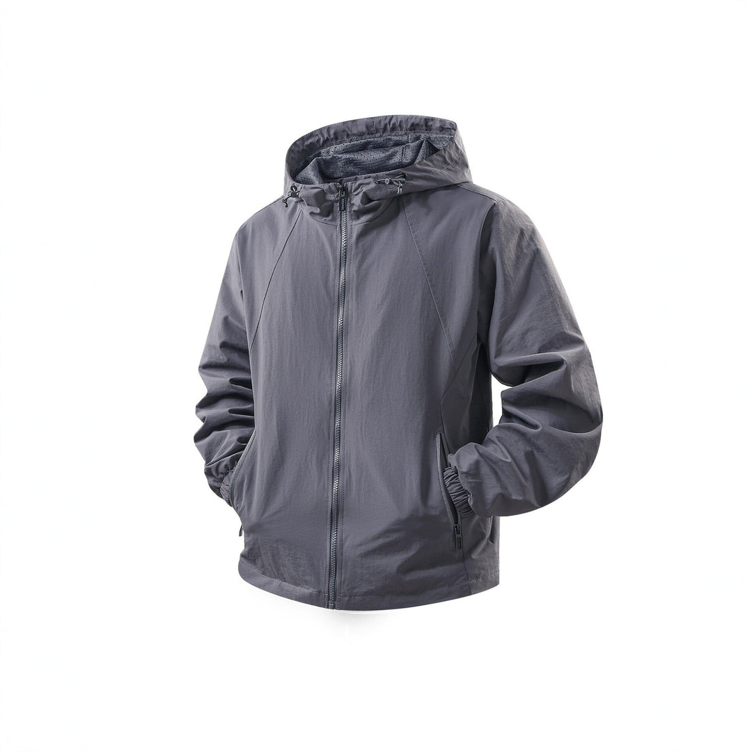 Men's Lightweight Breathable Hooded Windbreaker with Mesh Lining and Zipper Pockets