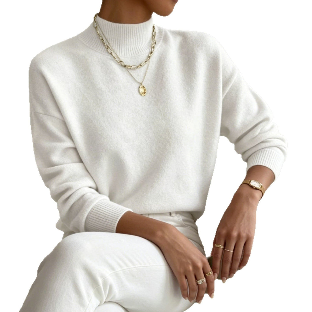 Women's Cozy Fine-knit Pullover with Stand-up Collar and Drop Shoulder