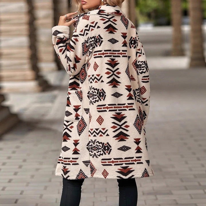Women Teddy Coat with Aztec Pattern, Button Placket and Patch Pockets