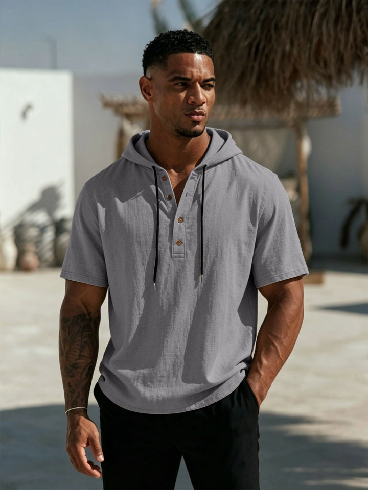 Men's Short Sleeve Hoodie Henley in Linen Look with Button Placket