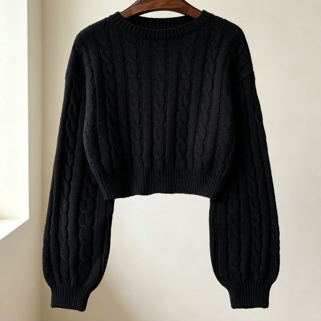 Women Cropped Cable Knit Sweater with Boxy Silhouette and Balloon Sleeves