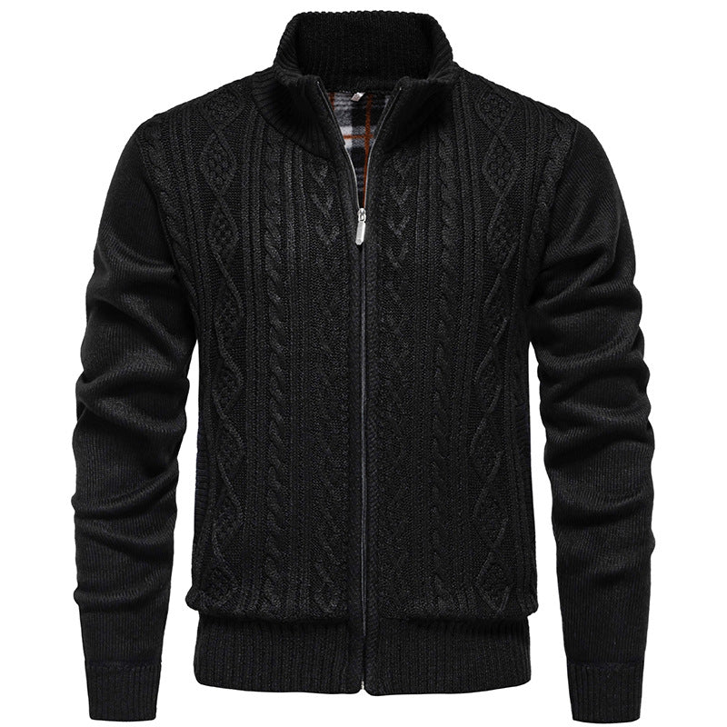 Men's Chunky Knit Cardigan with Cable Pattern, Stand-up Collar and Checked Inner Lining
