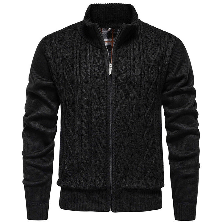 Men's Chunky Knit Cardigan with Cable Pattern, Stand-up Collar and Checked Inner Lining
