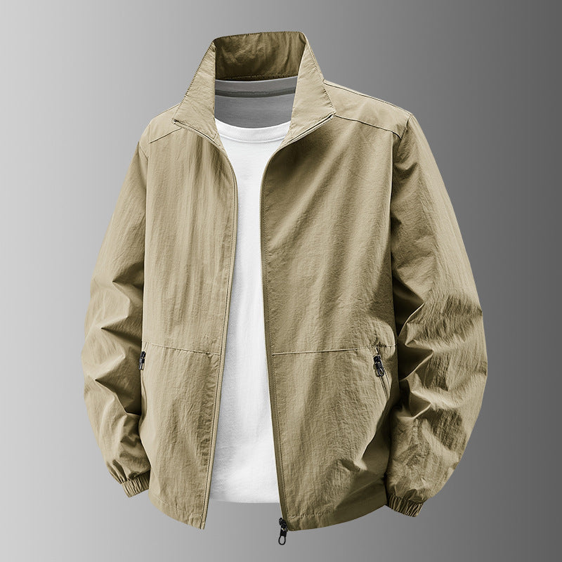 Men's Breathable Lightweight Windbreaker with Stand-up Collar, Elastic Cuffs and Concealed Zippered Pockets