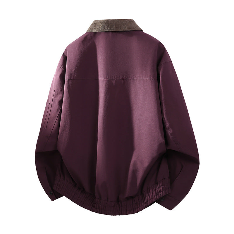 Men's Oversized Bomber Jacket in Worker Style with Cord Collar, Flap Pockets, and Elastic Hem