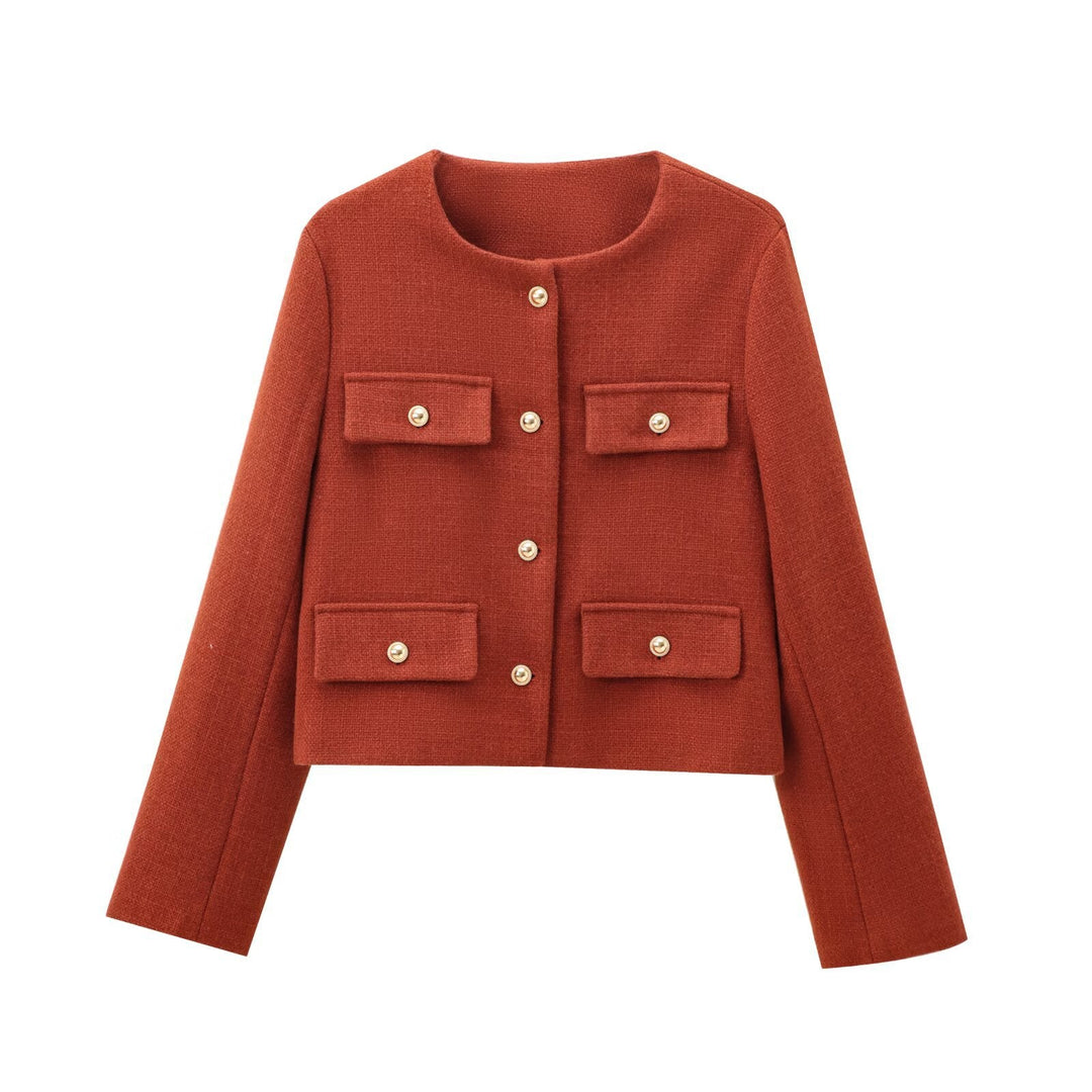 Women's Short-cut Bouclé Tweed Jacket with Round Neckline Decorative Button Details and Attached Flap Pockets
