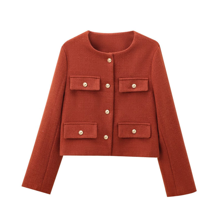 Women's Short-cut Bouclé Tweed Jacket with Round Neckline Decorative Button Details and Attached Flap Pockets
