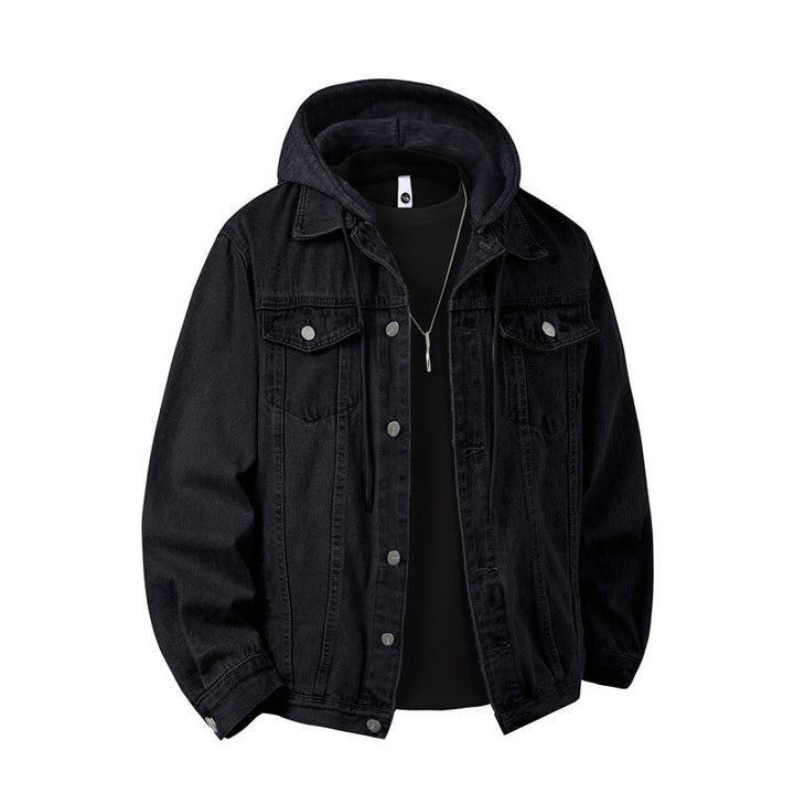 Men's Denim Jacket with Attached Hood Layered Look Robust Cotton Blend