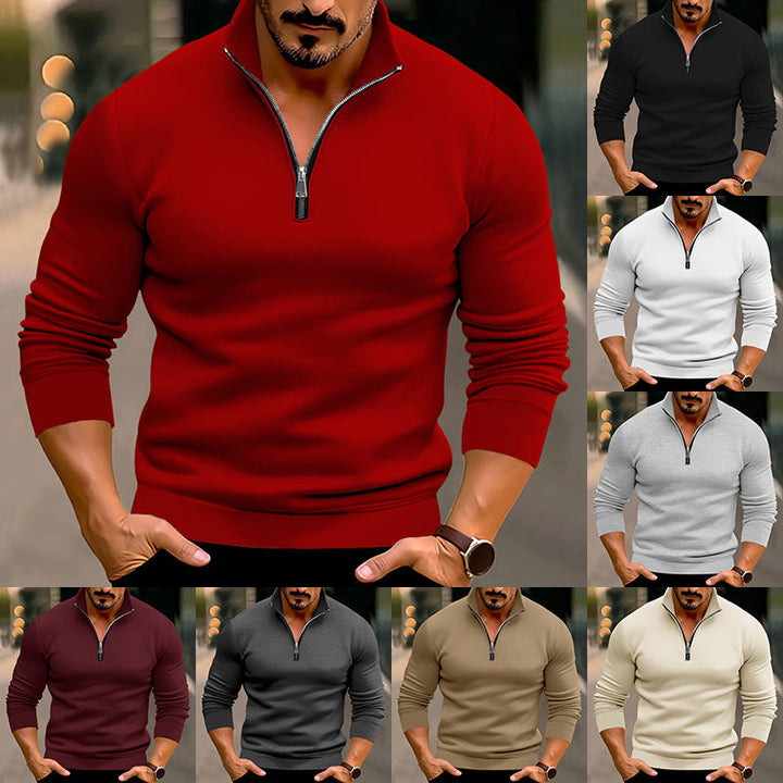 Men's Fitted Fine Knit Pullover with Short Zipper and Stand-up Collar