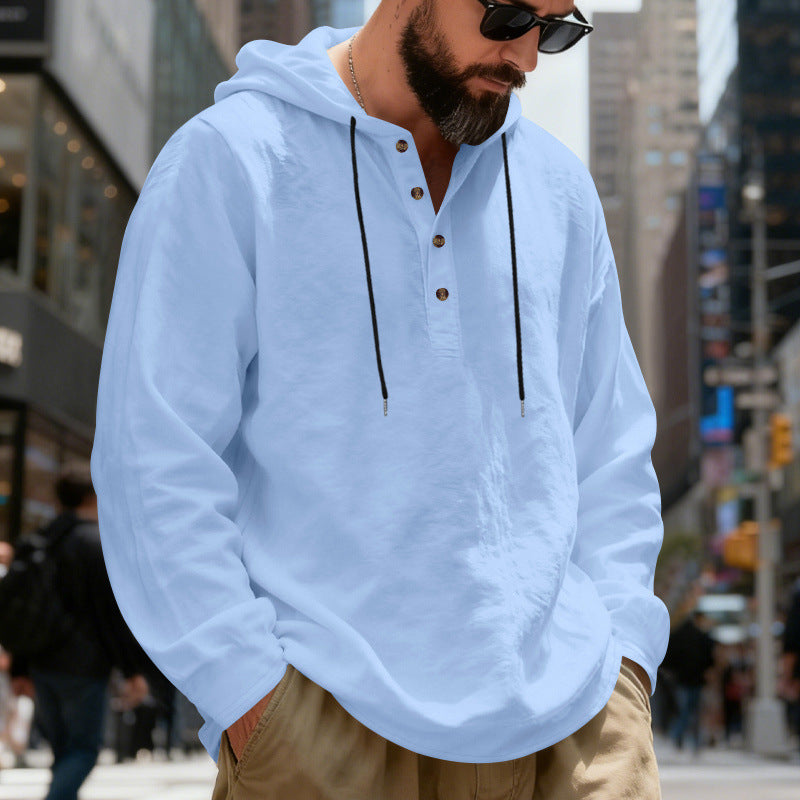 Men's Lightweight Hooded Shirt with Button Placket made of Linen Blend and Relaxed Fit