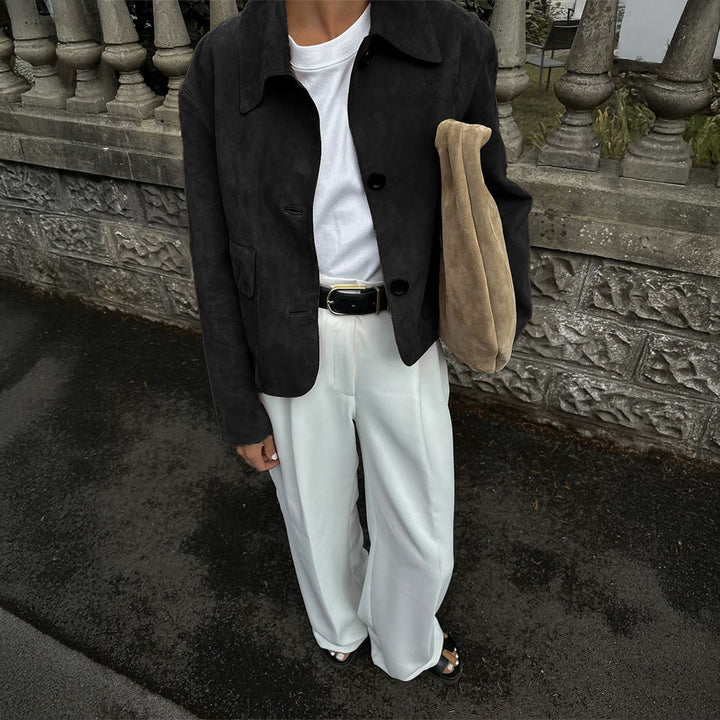 Women's Short-cut Suede Jacket with Shirt Collar and Applied Flap Pockets