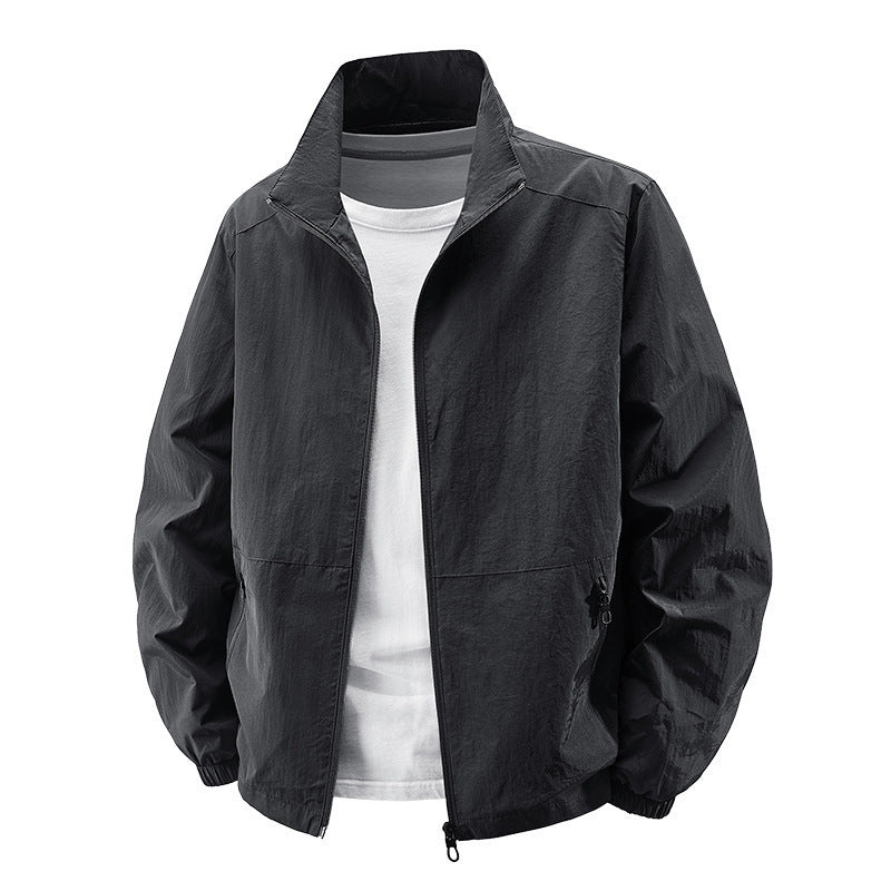 Men's Breathable Lightweight Windbreaker with Stand-up Collar, Elastic Cuffs and Concealed Zippered Pockets