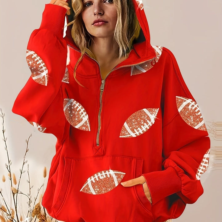 Women's Oversized Hoodie with Half Zipper and Sequin Football Application