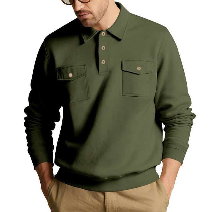 Men's Polo Collar Sweatshirt with Patch Chest Pockets and Ribbed Cuffs