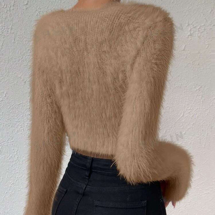 Women's Fluffy Crop Sweater with V-Neck and Eyelash Structure