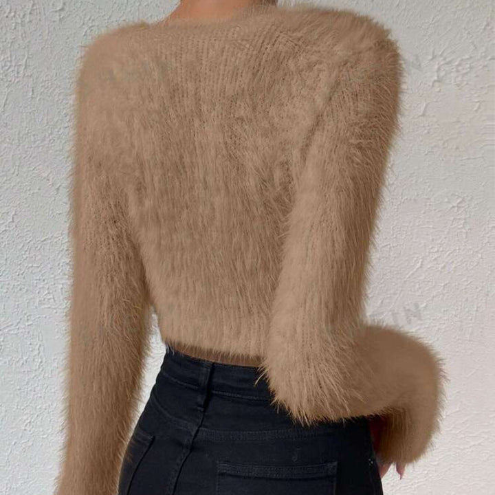 Women's Fluffy Crop Sweater with V-Neck and Eyelash Structure
