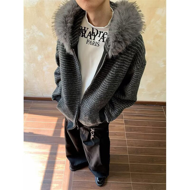 Men's Fashionable Hooded Jacket with Faux Fur Collar