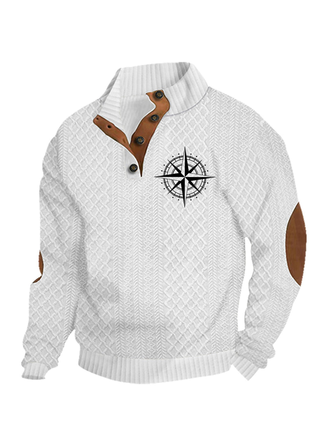 Men's Heritage Textured Pullover with Stand-up Collar Faux Leather Trim Elbow Patches and Half-button Placket