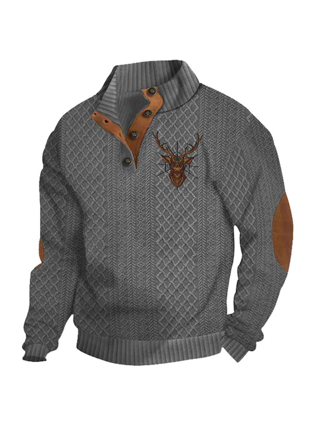 Men's Heritage Textured Pullover with Stand-up Collar Faux Leather Trim Elbow Patches and Half-button Placket