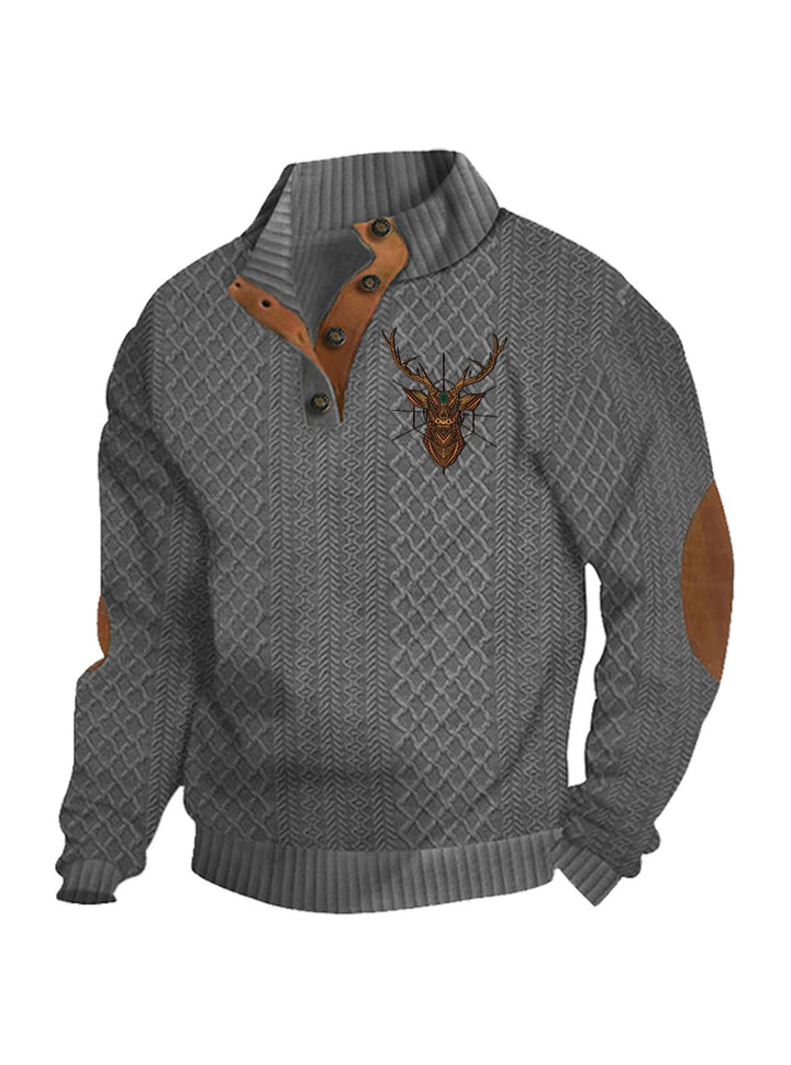 Men's Heritage Textured Pullover with Stand-up Collar Faux Leather Trim Elbow Patches and Half-button Placket