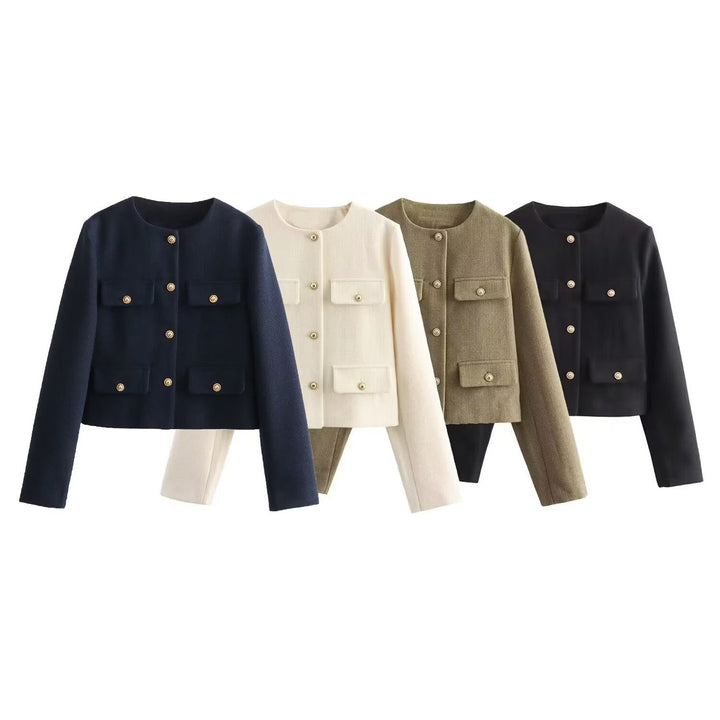 Women's Short-cut Bouclé Tweed Jacket with Round Neckline Decorative Button Details and Attached Flap Pockets