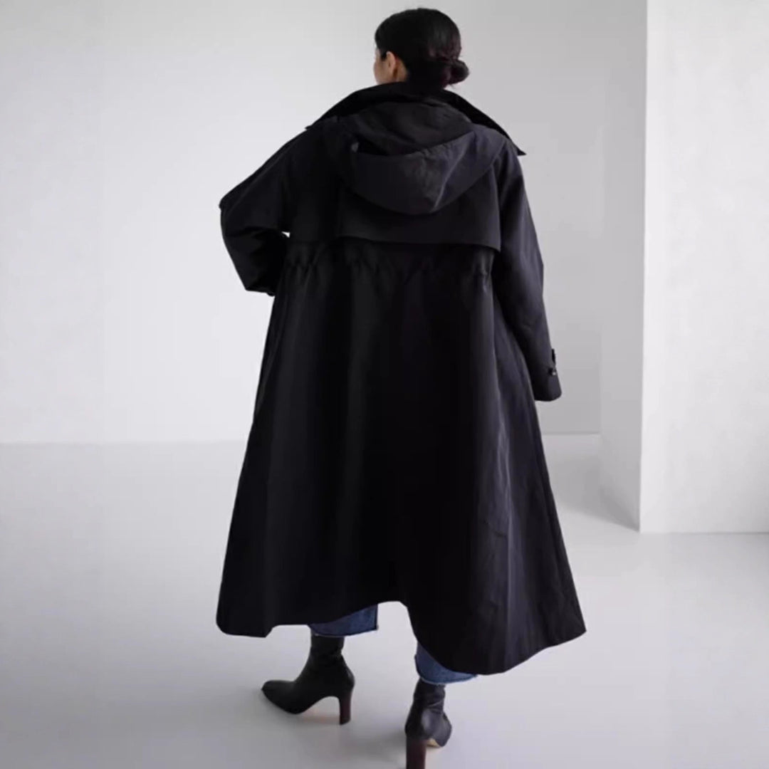 Women Oversize Long Raincoat with Hood, Water-Repellent Fabric and Wide A-Line Cut